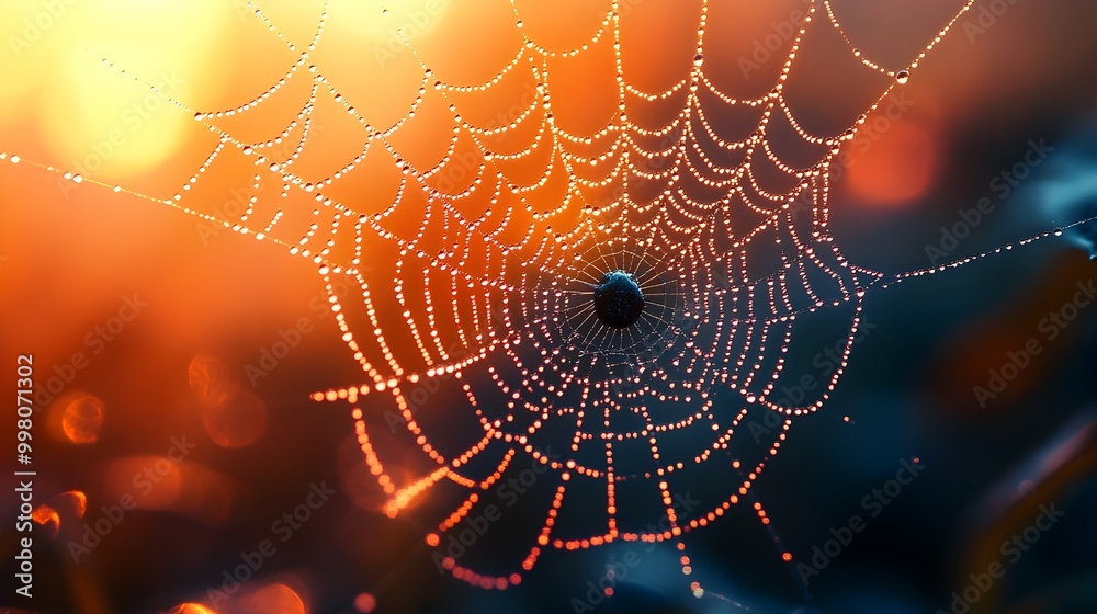 Shimmering Spider Web Dripping with Dew in the Soft Dawn Light