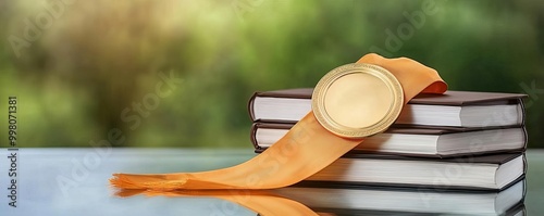 Honor Roll captured by a golden medal draped over a stack of textbooks on a modern glass table photo