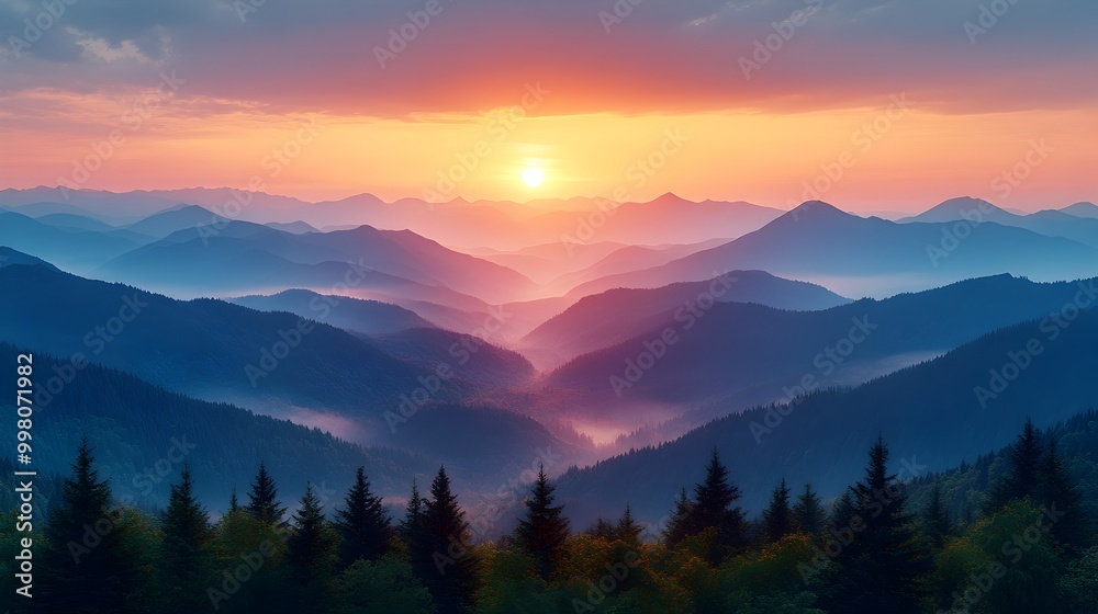 Naklejka premium Captivating Misty Mountain Sunrise A Breathtaking Landscape of Ethereal Beauty