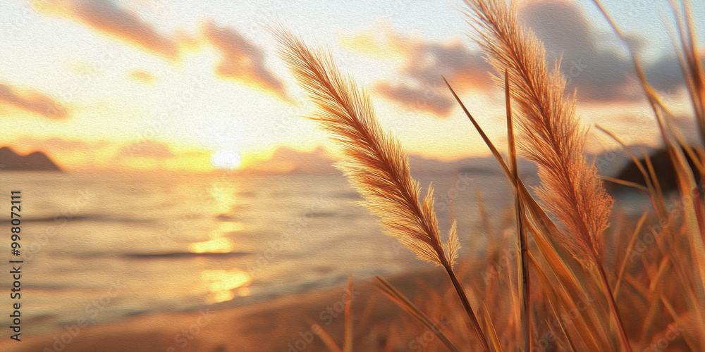 Coastal Beach Grasses at Sunset with Ocean in the Background Coastal Beach Grasses at Sunset with Ocean in the Background
