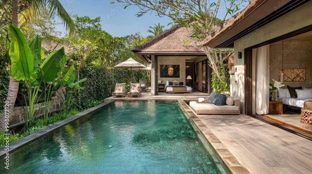 Fototapeta premium Tranquil Oasis: Luxurious Personal Retreat with Private Pool and Outdoor Lounge