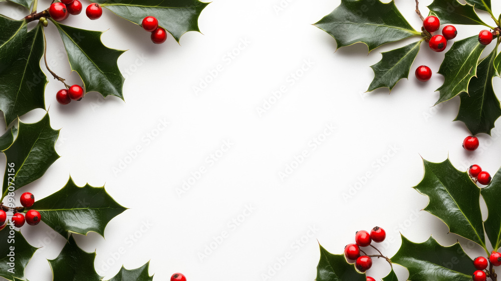 Clean Christmas design with a wide empty center delicate holly leaves and berries on the sides white backdrop Clean Christmas design with a wide empty center delicate holly leaves and berries on the sides white backdrop