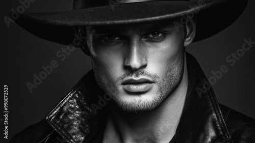 Close up of a man in a leather jacket piercing gaze under a wide brimmed hat monochrome palette 