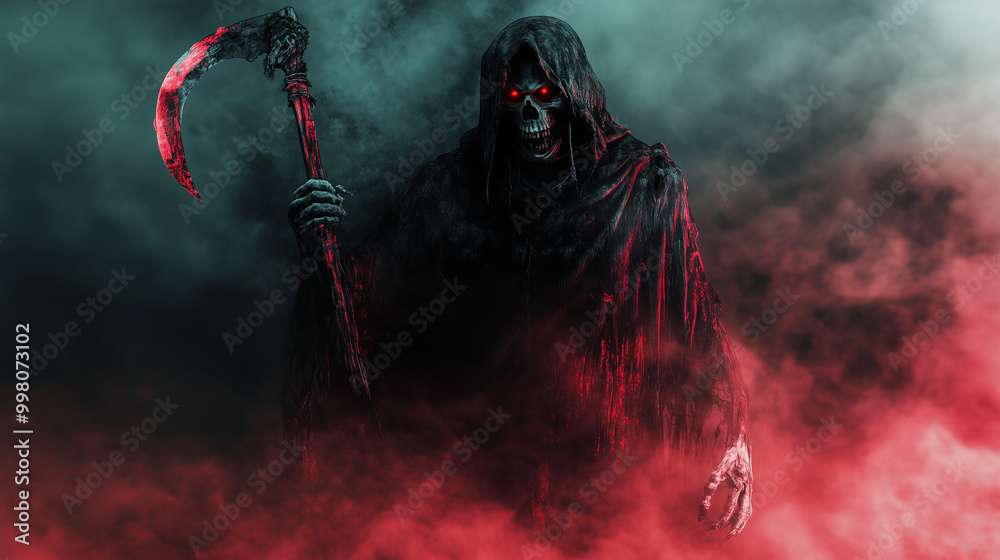 Naklejka premium Przerażający wizerunek pojawia się w mrocznym, deszczowym otoczeniu, gdzie krople deszczu odbijają się od ciemnej peleryny.