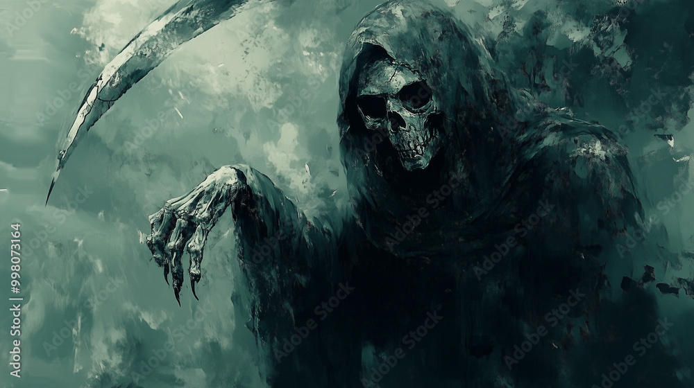 Naklejka premium Przerażający wizerunek pojawia się w mrocznym, deszczowym otoczeniu, gdzie krople deszczu odbijają się od ciemnej peleryny.