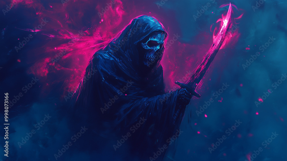 Naklejka premium Przerażający wizerunek pojawia się w mrocznym, deszczowym otoczeniu, gdzie krople deszczu odbijają się od ciemnej peleryny.