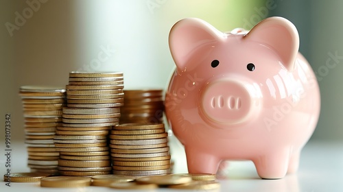 A close-up of a piggy bank next to growing stacks of coins, symbolizing accumulating savings. photo