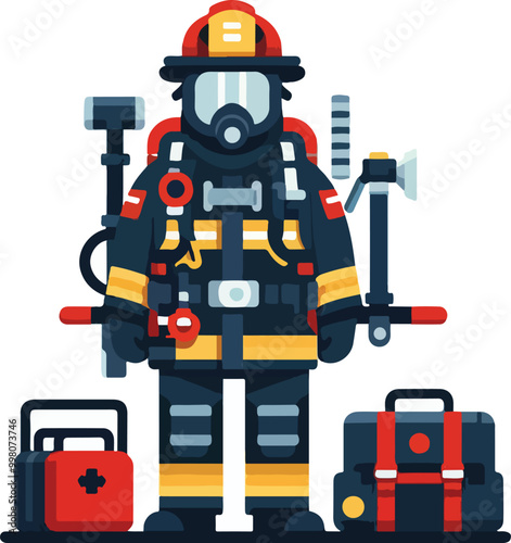 illustration of a firefighter in full equipment, flat design style