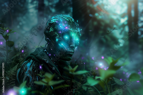 A Mysterious Alien Creature Completely Surrounded by Enchanting Luminescent Flora and Plants. Generative AI