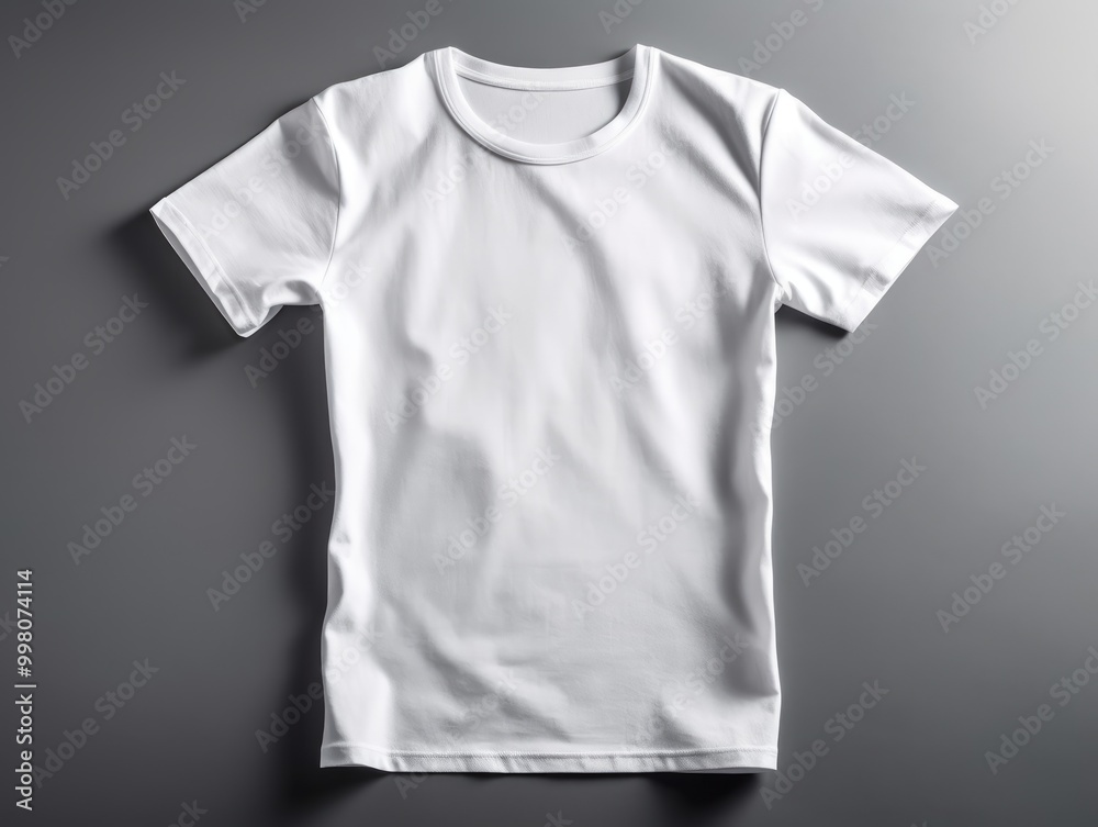 A plain white t-shirt displayed on a gray background. A plain white t-shirt displayed on a gray background.
