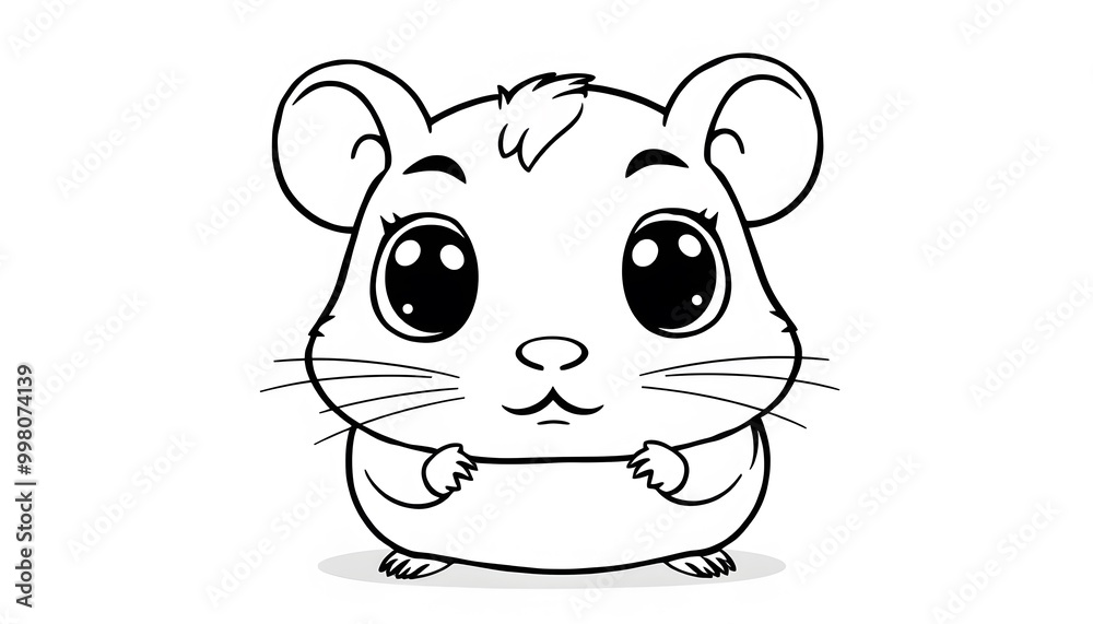Naklejka premium Cute black and white cartoon hamster illustration perfect for coloring books. Features a cheerful expression
