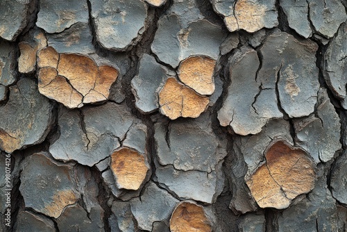 Close-up of rough, gray tree bark with patches of brown and orange bark. photo