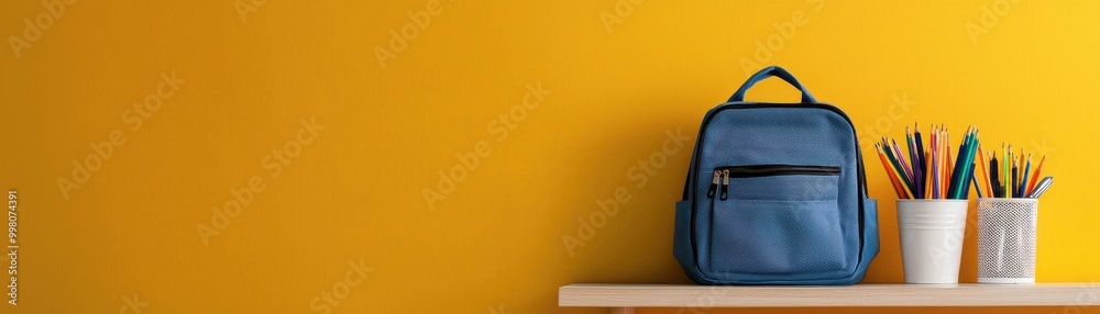 A vibrant workspace featuring a blue backpack and colorful pencils on a shelf against a bright yellow wall. A vibrant workspace featuring a blue backpack and colorful pencils on a shelf against a bright yellow wall.