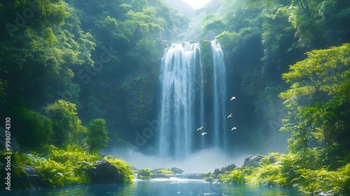 Majestic Waterfall Nestled in Lush Jungle Landscape