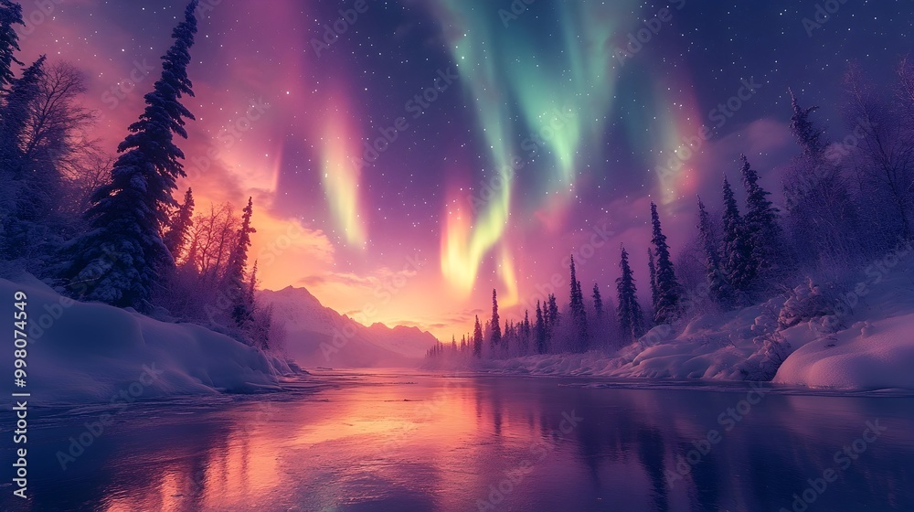 Majestic Northern Lights Illuminating a Snow Covered Wilderness Landscape Majestic Northern Lights Illuminating a Snow Covered Wilderness Landscape