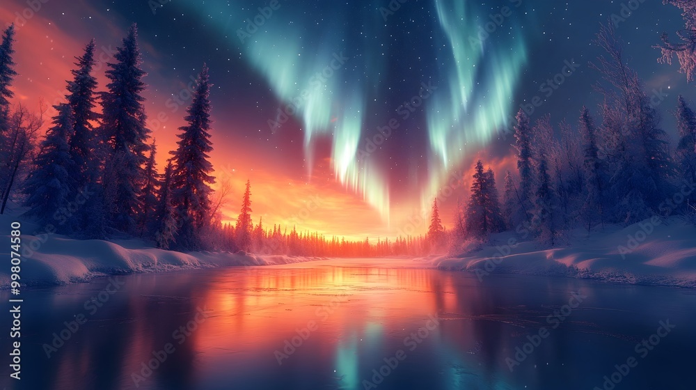 Majestic Aurora Borealis Dancing Over Snow Covered Wilderness Landscape Majestic Aurora Borealis Dancing Over Snow Covered Wilderness Landscape