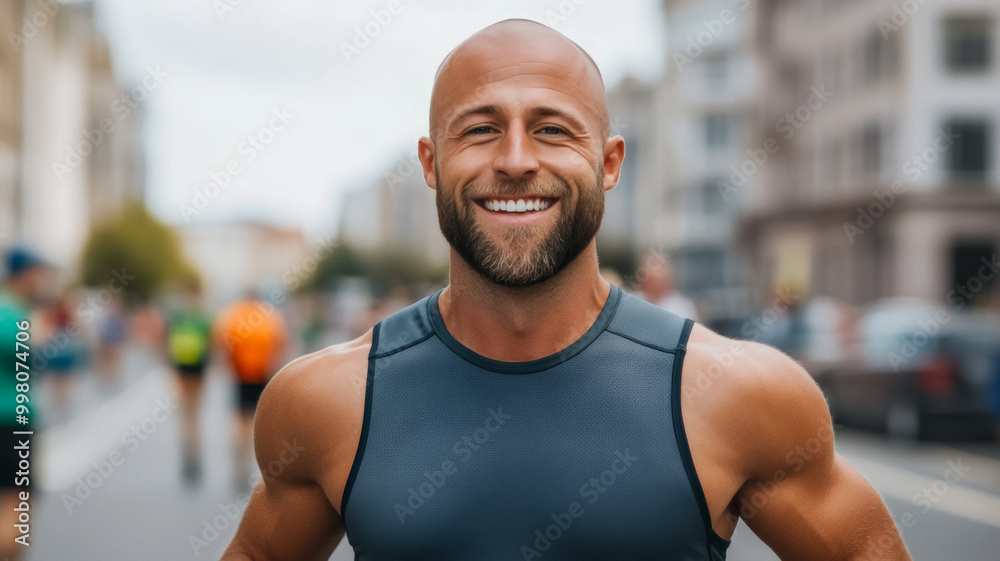 Confident man with a shaved head smiling while crossing the finish line of a charity run joyful atmosphere Confident man with a shaved head smiling while crossing the finish line of a charity run joyful atmosphere