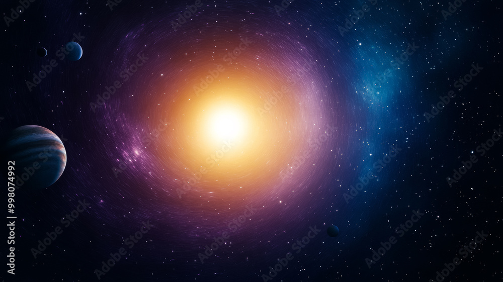 Fototapeta premium Cosmic vortex of stars and planets on a gradient from deep purple to sunrise orange 