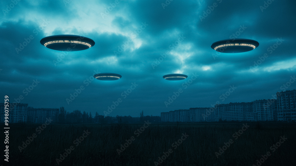 Dark sky with flashing lights and geometric shapes, UFOs hovering near ...