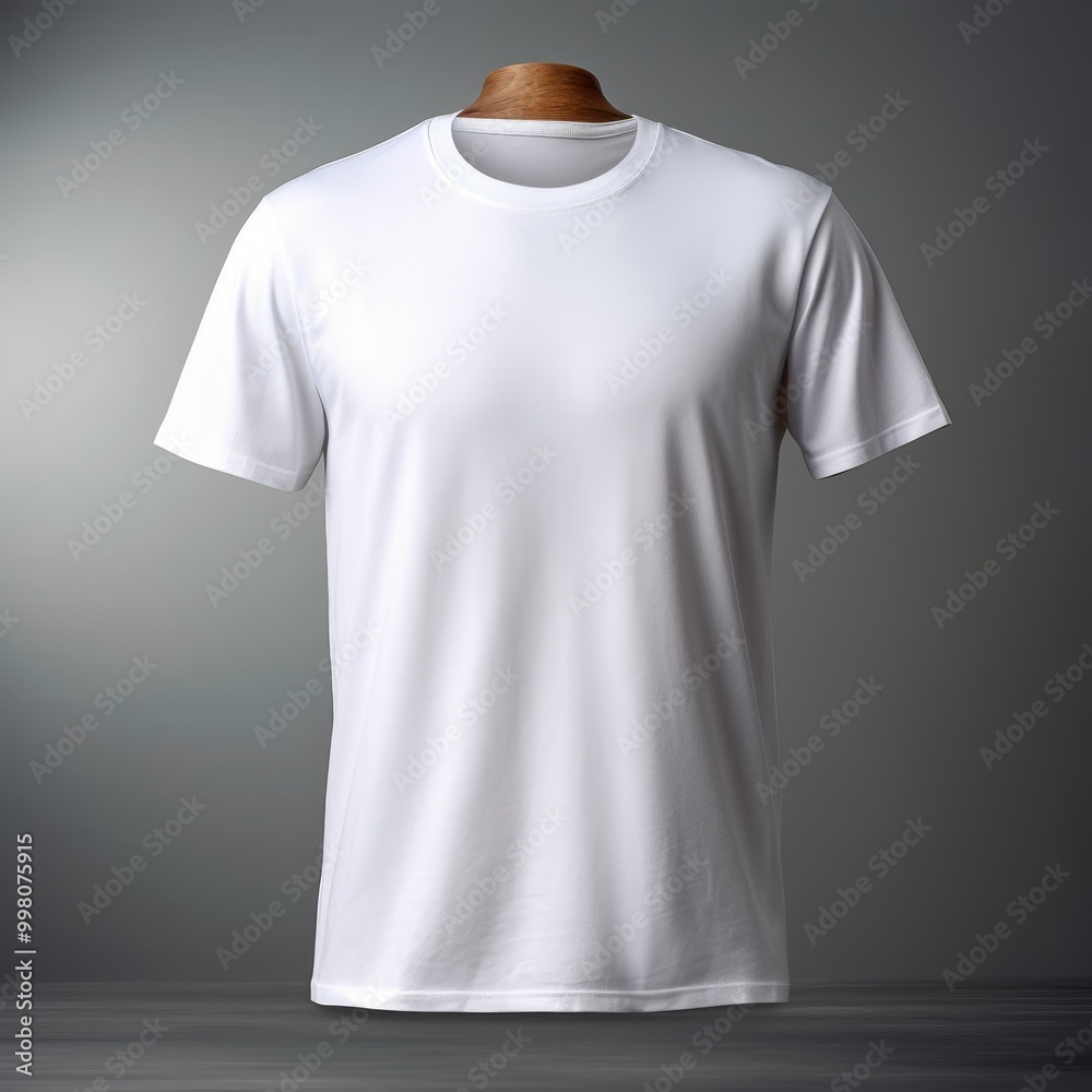 A plain white t-shirt displayed on a wooden mannequin. A plain white t-shirt displayed on a wooden mannequin.