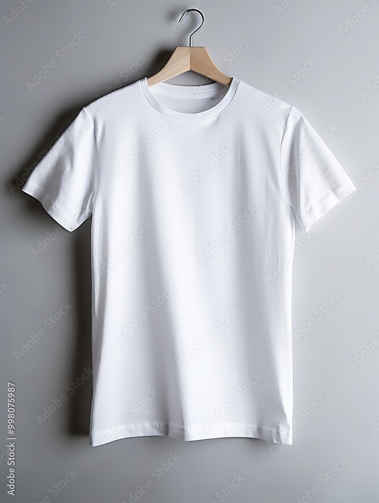 A plain white t-shirt hanging on a hanger against a gray background. A plain white t-shirt hanging on a hanger against a gray background.