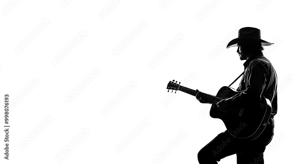 Fototapeta premium Silhouetted Musician Strumming Guitar in Cowboy Hat on White