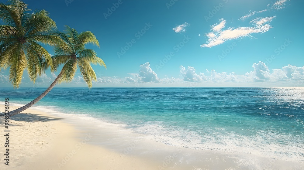 Fototapeta premium Tranquil Tropical Beach with Swaying Palm Trees and Turquoise Waters