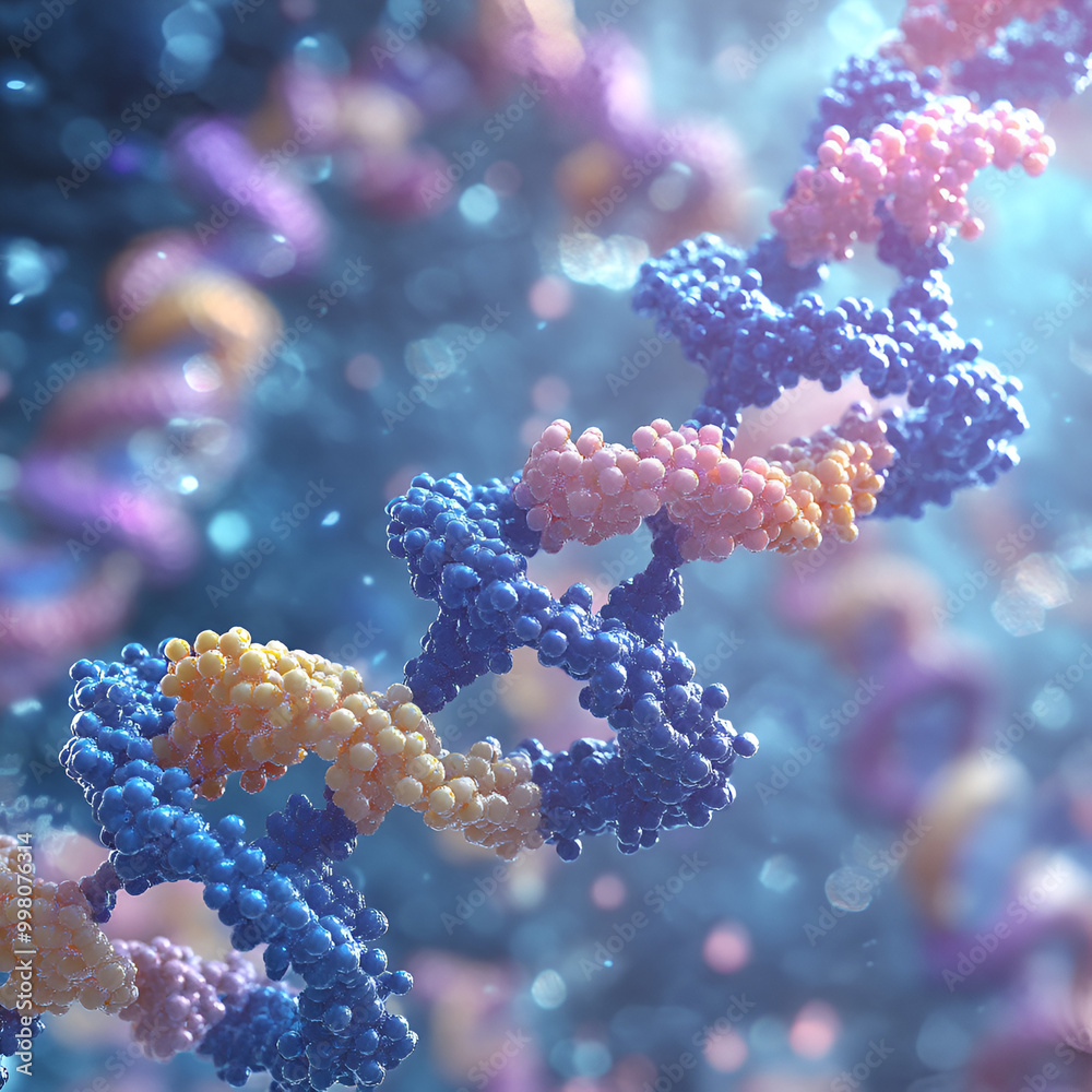DNA Structure, Detailed Visualization of DNA Helix Structure, Colorful 3D Representation of DNA Strands DNA Structure, Detailed Visualization of DNA Helix Structure, Colorful 3D Representation of DNA Strands