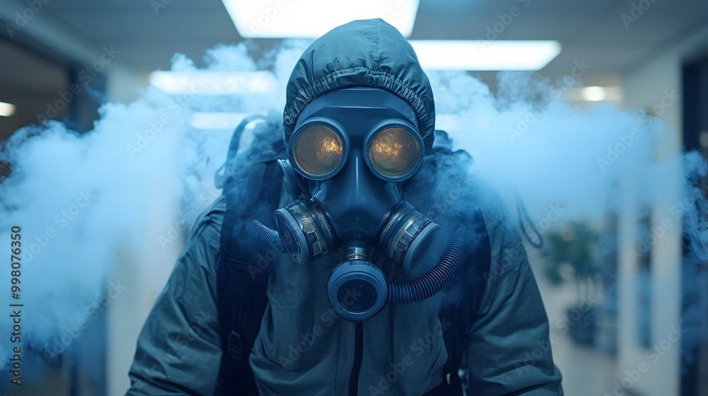 Fumigation Worker in Office Wearing Protective Gas Mask and Uniform for Hazardous Chemical Cleanup Fumigation Worker in Office Wearing Protective Gas Mask and Uniform for Hazardous Chemical Cleanup
