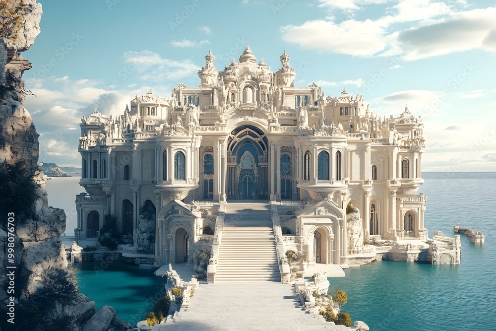 Naklejka premium Stunning majestic palace by the sea, white intricate details.