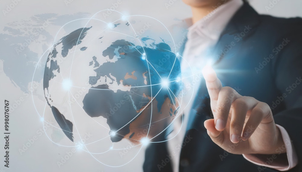 Businessman interacting with a digital globe interface.