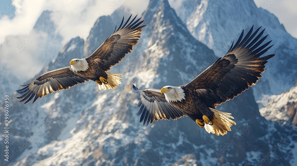 Fototapeta premium Majestic Eagles Soaring Over Rugged Mountain Landscape
