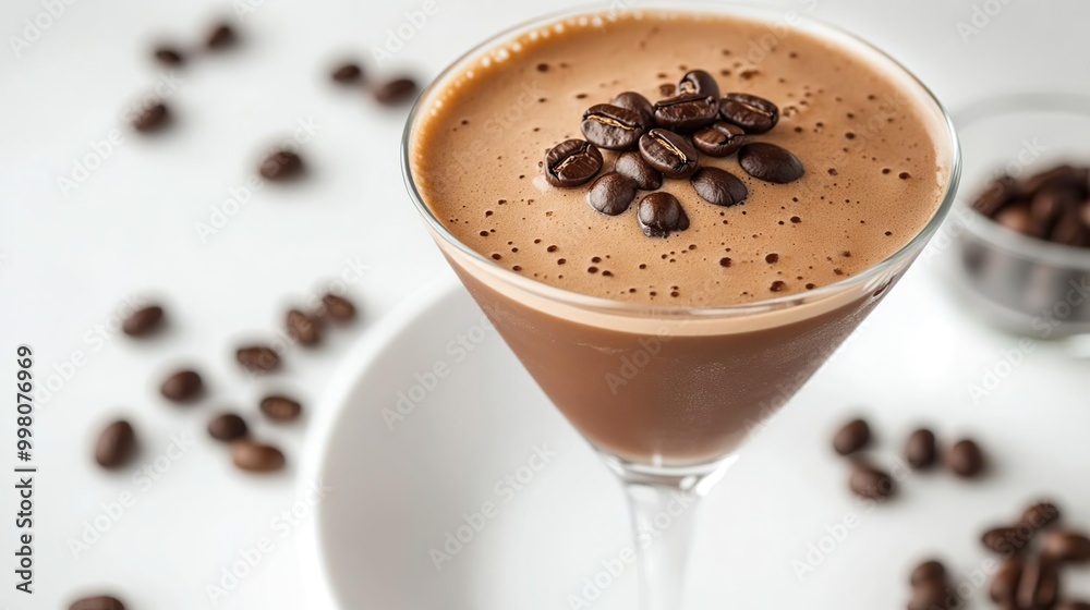 A close-up of a chocolate coffee drink topped with coffee beans, served in a stylish glass. A close-up of a chocolate coffee drink topped with coffee beans, served in a stylish glass.