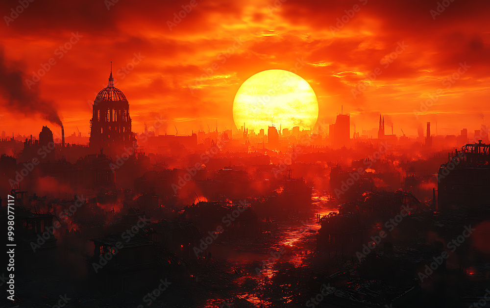 Obraz premium Twilight of Ruin: Eerie Sunset Over Apocalyptic Cityscape
