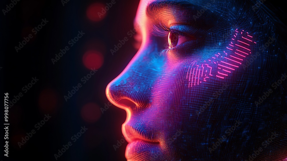 A digital face, abstract and mysterious, reflects the intersection of woman, AI, and futuristic technology. A digital face, abstract and mysterious, reflects the intersection of woman, AI, and futuristic technology.