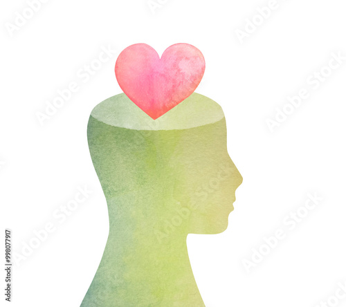 mental health and love feeling Concept. Silhouette of head in profile and heart. Caring for mental health. Psychology and psychotherapy, good thoughts photo