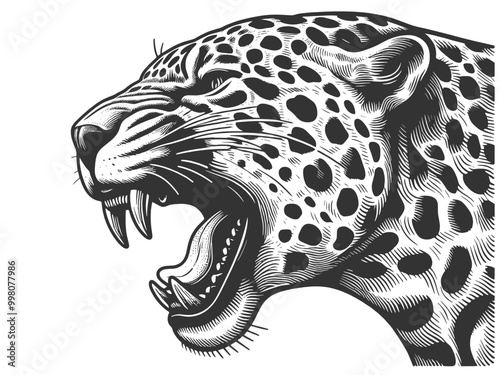 roaring growling leopard tattoo, capturing its fierce expression and sharp fangs in a retro art style sketch engraving generative ai vector illustration. Scratch board imitation. Black and white image