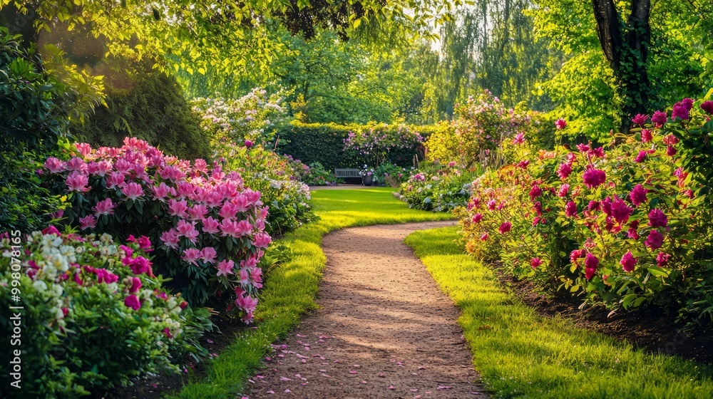Tranquil Garden Pathway Surrounded by Blooming Flowers and Cozy Seating Area Tranquil Garden Pathway Surrounded by Blooming Flowers and Cozy Seating Area