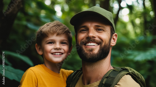 Father and son laughing together while hiking through a dense forest bond and wellness theme  photo