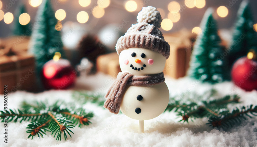 Adorable snowman cake pop with a knitted hat and scarf, surrounded by a winter wonderland setting with blurred Christmas lights Adorable snowman cake pop with a knitted hat and scarf, surrounded by a winter wonderland setting with blurred Christmas lights