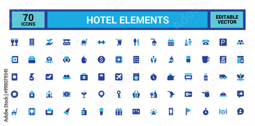 Hotel elements solid color icon set. Colorful icons related to room, service, booking, facilities and more. filled icons vector collection.