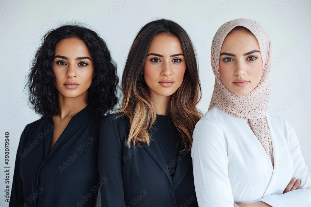 Portrait of three women from different ethnic backgrounds symbolizing diversity strength and modern identity in a minimalist setting with neutral tones and subtle lighting Portrait of three women from different ethnic backgrounds symbolizing diversity strength and modern identity in a minimalist setting with neutral tones and subtle lighting