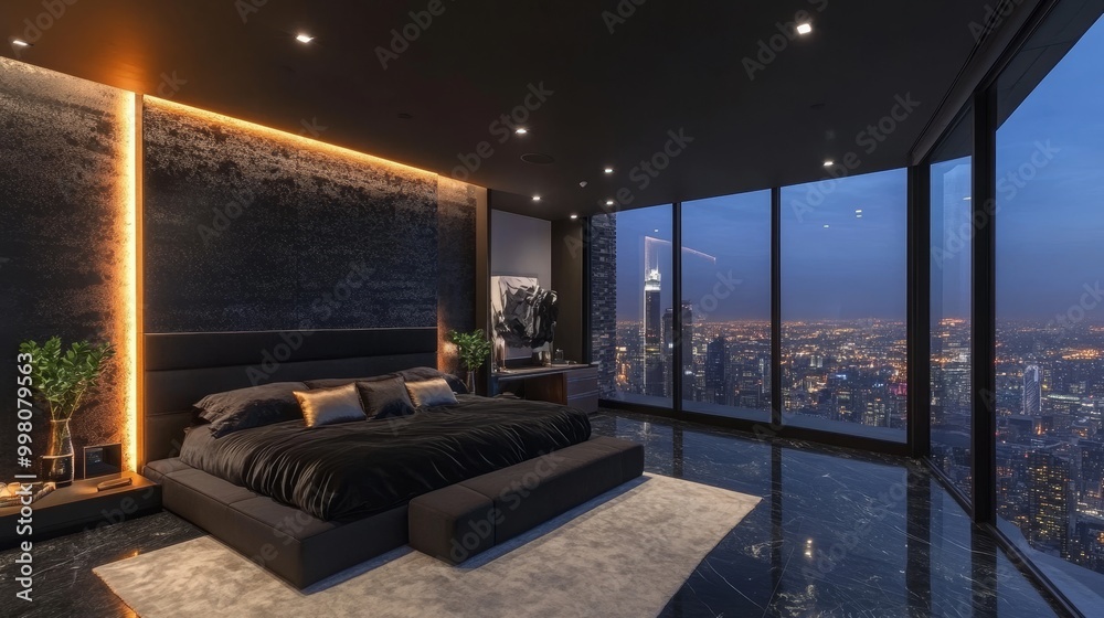 Contemporary black master bedroom with floor-to-ceiling windows offering city views. Features black terrazzo flooring, an accent wall with concealed lighting, and a plush black fabric bed. Contemporary black master bedroom with floor-to-ceiling windows offering city views. Features black terrazzo flooring, an accent wall with concealed lighting, and a plush black fabric bed.