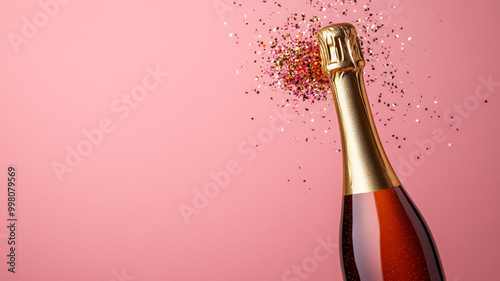 Futuristic champagne bottle exploding into pixelated confetti on a gradient from coral to gold 