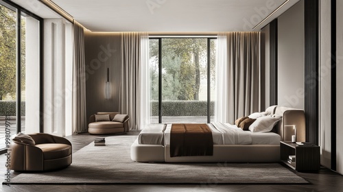 A modern Italian villa bedroom, with sleek furniture, luxurious fabrics, and neutral tones, embodying sophistication and comfort