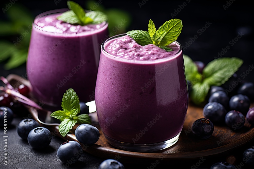 Fresh berry smoothie served in glasses with mint leaves and blueberries on a wooden plate Fresh berry smoothie served in glasses with mint leaves and blueberries on a wooden plate