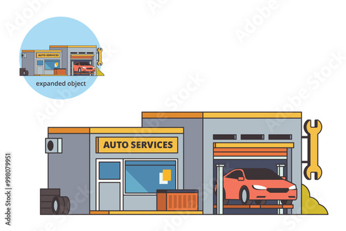 Vector illustration of Garage Auto Repair Shop building with editable outline photo