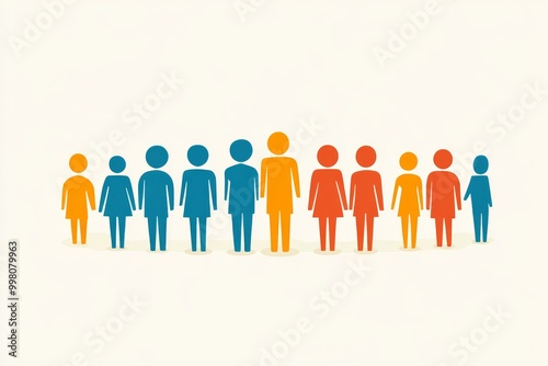 Icon of diverse individuals standing in a row symbolizing equality inclusion and social diversity in a minimalist colorful design with flat icons and simple background