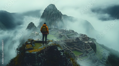 Hiker Admiring the Majestic Ruins of Machu Picchu in Peru s Misty Mountains photo