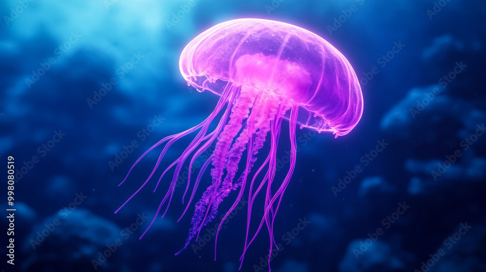 Glowing jellyfish like alien creature floating in a thick foggy atmosphere with luminescent tendrils Glowing jellyfish like alien creature floating in a thick foggy atmosphere with luminescent tendrils